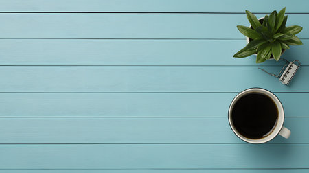 This image shows a serene workspace featuring a coffee cup, a small green plant, and a paper clip, all against a light blue wooden background, creating a calm atmosphere.の素材