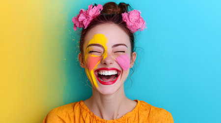 A joyful young woman grins broadly, her face adorned with vibrant yellow and pink paint. The background is a solid gradient of turquoise and yellow, enhancing her radiant energy.の素材