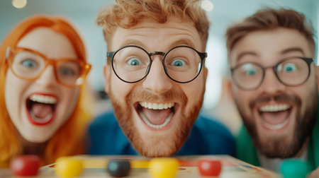 Three friends enthusiastically engage in a board game, showcasing joyful expressions full of laughter. The background is vibrant and filled with playful energy, creating a lively atmosphere.の素材