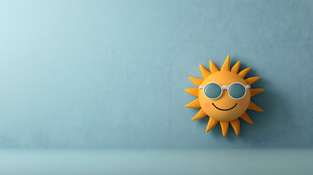 This image features a vibrant anthropomorphic sun wearing stylish sunglasses, smiling happily. The background appears solid, creating a cheerful atmosphere that enhances the playful vibe.の素材