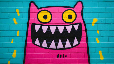 This graffiti features a cheerful pink monster with an exaggerated grin and wild yellow eyes. The background is a solid turquoise color, adding to the playful atmosphere of the mural.の素材