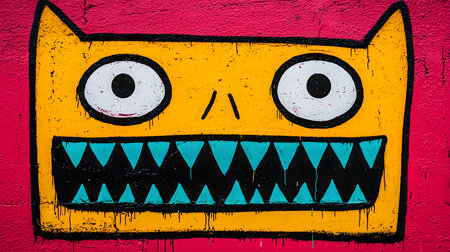 A vibrant graffiti mural showcases a humorous monster with big eyes and jagged teeth, set against a pink backdrop, creating a playful and lively atmosphere. The background is solid.の素材