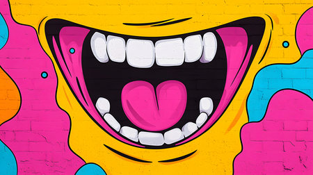 This lively image presents a large, colorful laughing mouth with white teeth and a pink tongue, surrounded by vivid hues. The background is solid yellow, creating a cheerful atmosphere.の素材