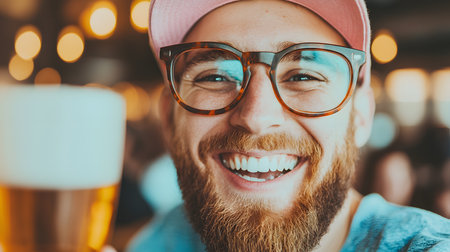 A young man with glasses and a beard exuberantly smiles while holding a beer, conveying joy. The blurred background suggests a lively bar atmosphere filled with soft lights.の素材