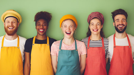 Five friends, wearing colorful aprons, laugh joyously together. Their warm smiles create a vibrant atmosphere, with a solid green background enhancing the sense of happiness and camaraderie.の素材