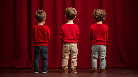 Three children stand with their backs to the camera, wearing red sweaters. They await their turn in front of a rich red curtain, capturing anticipation and excitement for the show.の素材