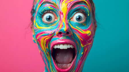 The image showcases a face painted with vibrant colors, displaying a wide mouth expression. The background is pink, contrasting with blue and vivid paint, creating an energetic atmosphere.の素材