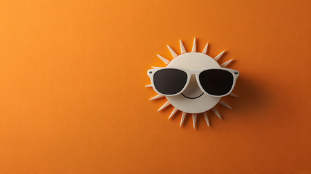 The image features a stylized anthropomorphic sun wearing large sunglasses, smiling broadly. The sun's rays are distinctly visible. The background is a vibrant, solid orange, enhancing the playful atmosphere.の素材