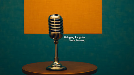A vintage microphone stands on a wooden table, glowing radiantly against a rich backdrop. The atmosphere feels nostalgic, celebrating the timeless art of comedy and live performances.の素材