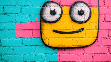 This mural features a large, cheerful yellow face with big eyes on a bright blue and pink wall background, creating a playful atmosphere. Its vibrant colors offer an uplifting scene.の素材