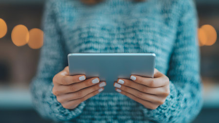 A person holds a tablet, immersed in voice recognition tasks. The blurred background adds warmth, suggesting a cozy atmosphere. The scene conveys focus, tech use, and innovation.の素材