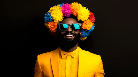 Portrait of a stylish afro-american man in yellow jacket and colorful flowers wreath on his headの素材