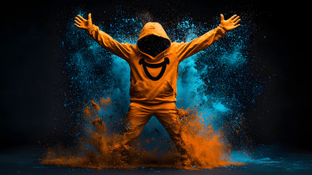 Hooded man in orange and blue powder explosion on dark backgroundの素材