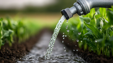 An automated system waters lush green rice plants, creating a vibrant scene. Water flows from the hose, droplets glistening under soft sunlight, enhancing agricultural productivity.の素材