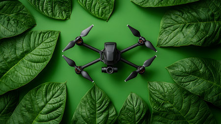 A sleek black drone rests amongst large, lush green leaves on a vibrant backdrop, symbolizing modern farming techniques and innovation in agriculture.の素材