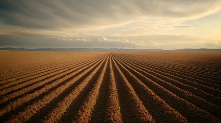 A vast agricultural field showcases meticulously arranged rows of soil, stretching to the horizon. The sky is dramatic, with soft clouds, creating a serene agricultural scene.の素材