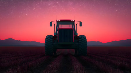 A powerful tractor silhouetted at dusk, red sky glowing, stars twinkling above, lush fields stretch below. The atmosphere combines tranquility and innovation in agriculture.の素材