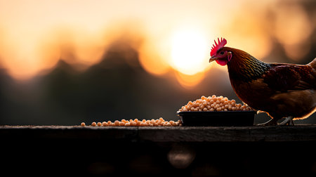 A hen pecks at a pile of small round feed, set against a softly blurred golden sunset backdrop, evoking tranquility. The warm colors enhance the serene farm atmosphere.の素材