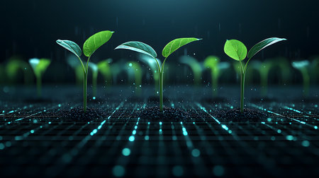 Futuristic scene showing green sprouts emerging from dark soil, enhanced by glowing particles. Background appears partially transparent, creating a vibrant and hopeful atmosphere.の素材