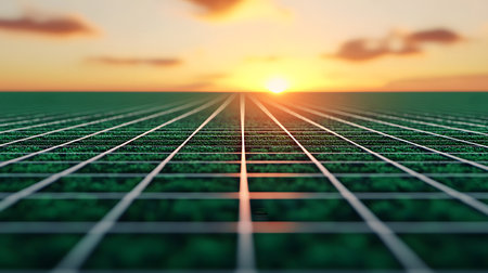 A vibrant green field with grid-like structures stretches toward the horizon as the sun sets, casting warm glow, symbolizing modern agriculture and sustainability efforts.の素材