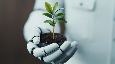 A futuristic scene shows a robotic hand holding a small potted plant. The background is blurred, creating a focus on technology and nature's synergy, evoking hope and progress.の素材