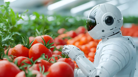 A futuristic robot carefully examines ripe tomatoes in a lush greenhouse filled with vibrant greenery. The atmosphere feels innovative and lively, showcasing technology and nature harmoniously.の素材