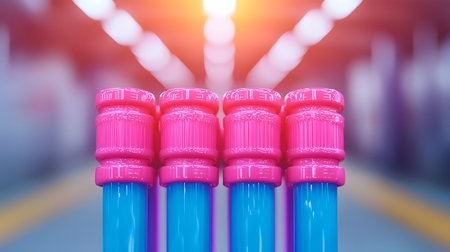 Five vibrant fiber optic cables encased in glossy pink and blue tubes stand against a blurred backdrop, evoking a modern technological atmosphere filled with energy and light.の素材