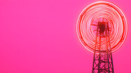 A glowing 5G tower radiating vibrant pink light, highlighted by luminous fiber optic cables, creating a futuristic atmosphere, with no transparent background present in the image.の素材