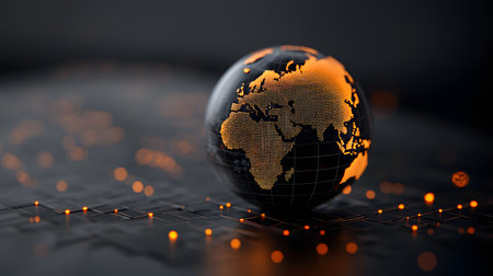 A beautifully illuminated globe of Earth sits in focus against a dark background, with glowing lines and dots, creating a captivating technological atmosphere that inspires wonder.の素材