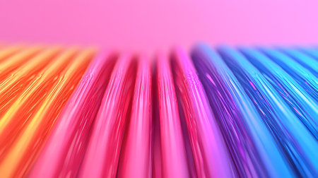 A close-up of vibrant optical fiber strands illuminated by light pulses, showcasing a colorful gradient. Background appears soft and smooth, creating a captivating, dynamic atmosphere.の素材