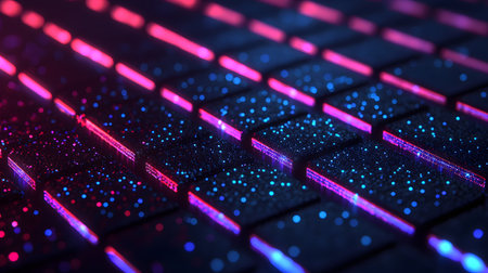 The image features a close-up view of a vibrant keyboard, illuminated with neon blue and pink lights. The background is dark, enhancing the glowing effect, creating an energetic atmosphere.の素材