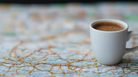 A close-up of a white mug filled with rich coffee, elegantly placed on a colorful map background, vibrant and engaging, evoking feelings of wanderlust and relaxation.の素材