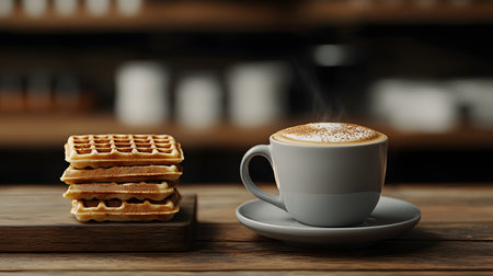 A steaming cappuccino topped with cinnamon sits beside a stack of golden-brown waffles on a wooden table. The scene exudes warmth and comfort, creating a cozy atmosphere for breakfast.の素材