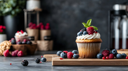 A vibrant berry cupcake with swirls of cream frosting sits on a wooden board. Fresh berries surround it, creating an inviting atmosphere. Background is solid with dark hues.の素材
