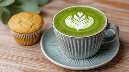 A vibrant matcha latte with intricate frothy art sits beside a golden vegan muffin on a wooden table.の素材
