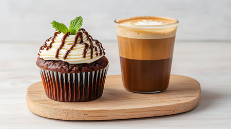 This mouthwatering scene features a decadent chocolate cupcake topped with creamy frosting, complemented by a rich latte, evoking warmth and comfort in a cozy atmosphere.の素材