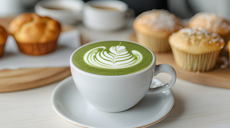 A beautifully crafted matcha latte sits elegantly next to delicious vegan muffins in a bistro setting. The atmosphere is warm and inviting. Background appears blurred but engaging.の素材