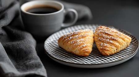 A cozy scene featuring two golden, flaky scones sprinkled with powdered sugar on a stylish plate beside a cup of black coffee, exuding warmth and comfort.の素材