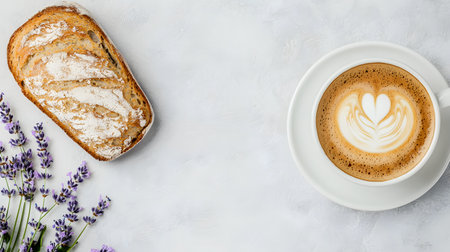 A rustic loaf of bread sits beside a latte adorned with a heart-shaped design, lavender blooms adding freshness to the scene. The background is soft and lightly textured.の素材