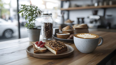 A beautifully arranged wooden table features open-faced sandwiches, a latte with latte art, and a plant. The atmosphere is warm and inviting, reflecting a trendy urban cafe vibe.の素材