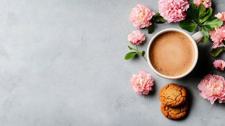 A top view of a white cup filled with coffee, accompanied by two cookies on a soft gray backdrop, adorned with pink flowers. The atmosphere appears warm and inviting.の素材