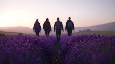 Four individuals stroll through vibrant lavender fields, capturing a peaceful twilight atmosphere. The lavender is lush and colorful, creating a tranquil backdrop on the walk.の素材