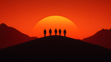 Silhouetted figures stand atop a hill at sunrise, gazing at a large sun rising behind dark mountains. The atmosphere feels serene and reflective, evoking feelings of unity and hope.の素材