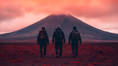 A trio of hikers walks towards a striking volcano against a backdrop of vivid, surreal skies, evoking wonder. The atmosphere feels adventurous and awe-inspiring amid breathtaking scenery.の素材