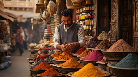 A bustling marketplace showcasing a vendor carefully handling aromatic spices in vibrant colors. The atmosphere is lively, filled with rich scents and cultural vibrancy that captivates.の素材