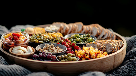 A stunning arrangement of fresh fruits, olives, and snacks in a round wooden platter. The textures are rich, against a gently blurred dark background, enhancing an inviting atmosphere.の素材