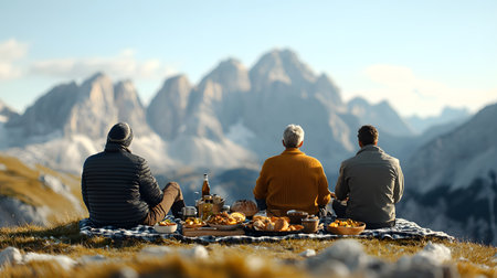 Three friends share a tranquil picnic on a grassy mountain slope with a stunning view of peaks. Their relaxed poses convey joy, peace, and camaraderie in nature's embrace.の素材