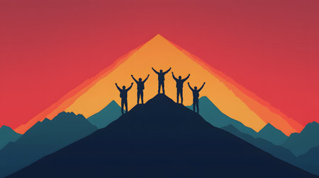 Silhouettes of five explorers atop a mountain, raising their arms joyfully against a colorful sunset backdrop. The vibrant hues create an uplifting atmosphere of triumph.の素材