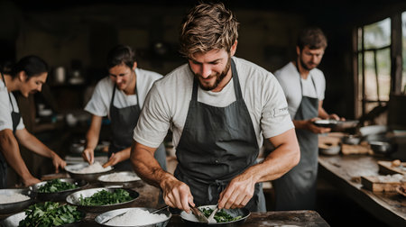 Travelers joyfully prepare traditional dishes, sharing laughter and smiles in a rustic kitchen atmosphere. Natural light filters through the windows, enhancing the cozy environment.の素材