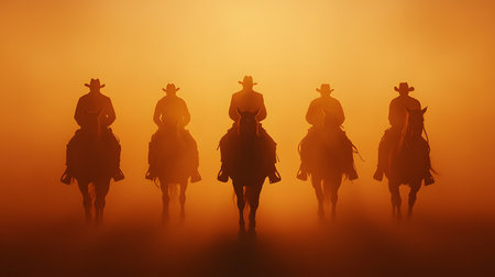 Silhouetted cowboys ride horses through a misty environment. The golden glow creates a mystical feel. The gentle expressions hint at a peaceful journey.の素材